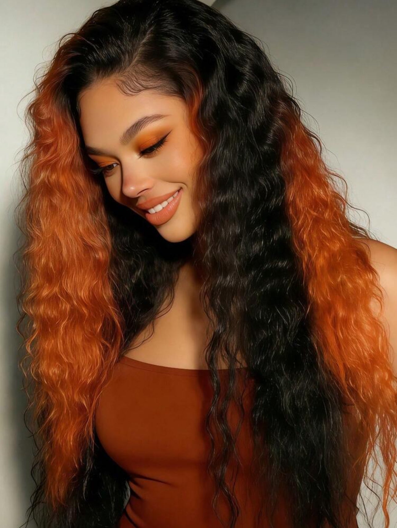 44 inches Highlight Ginger and Black Human Hair Curly Wave 200% Density HD Lace