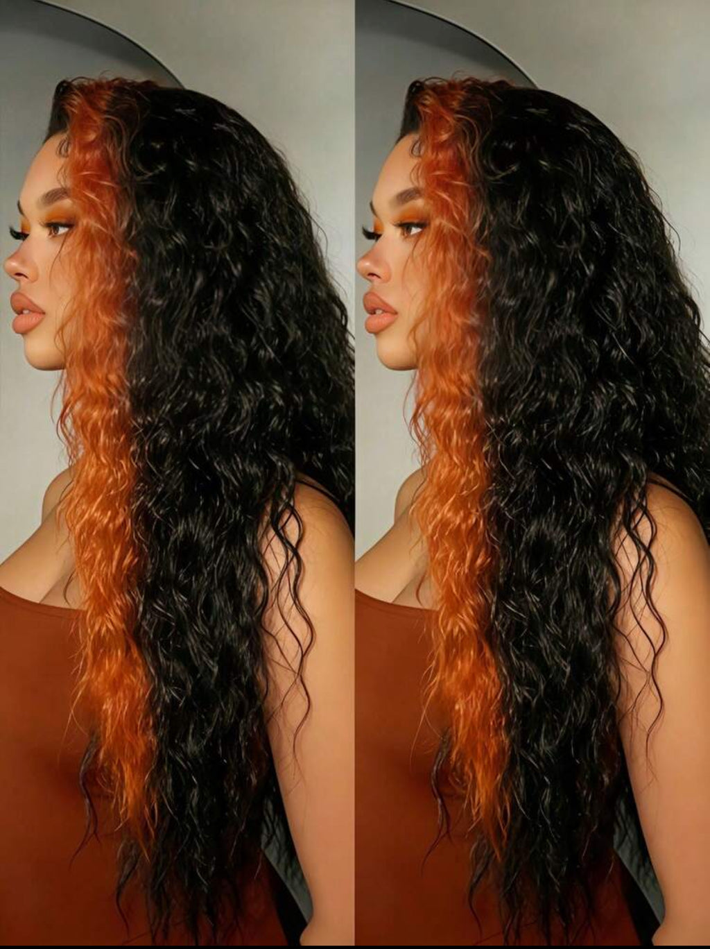 44 inches Highlight Ginger and Black Human Hair Curly Wave 200% Density HD Lace
