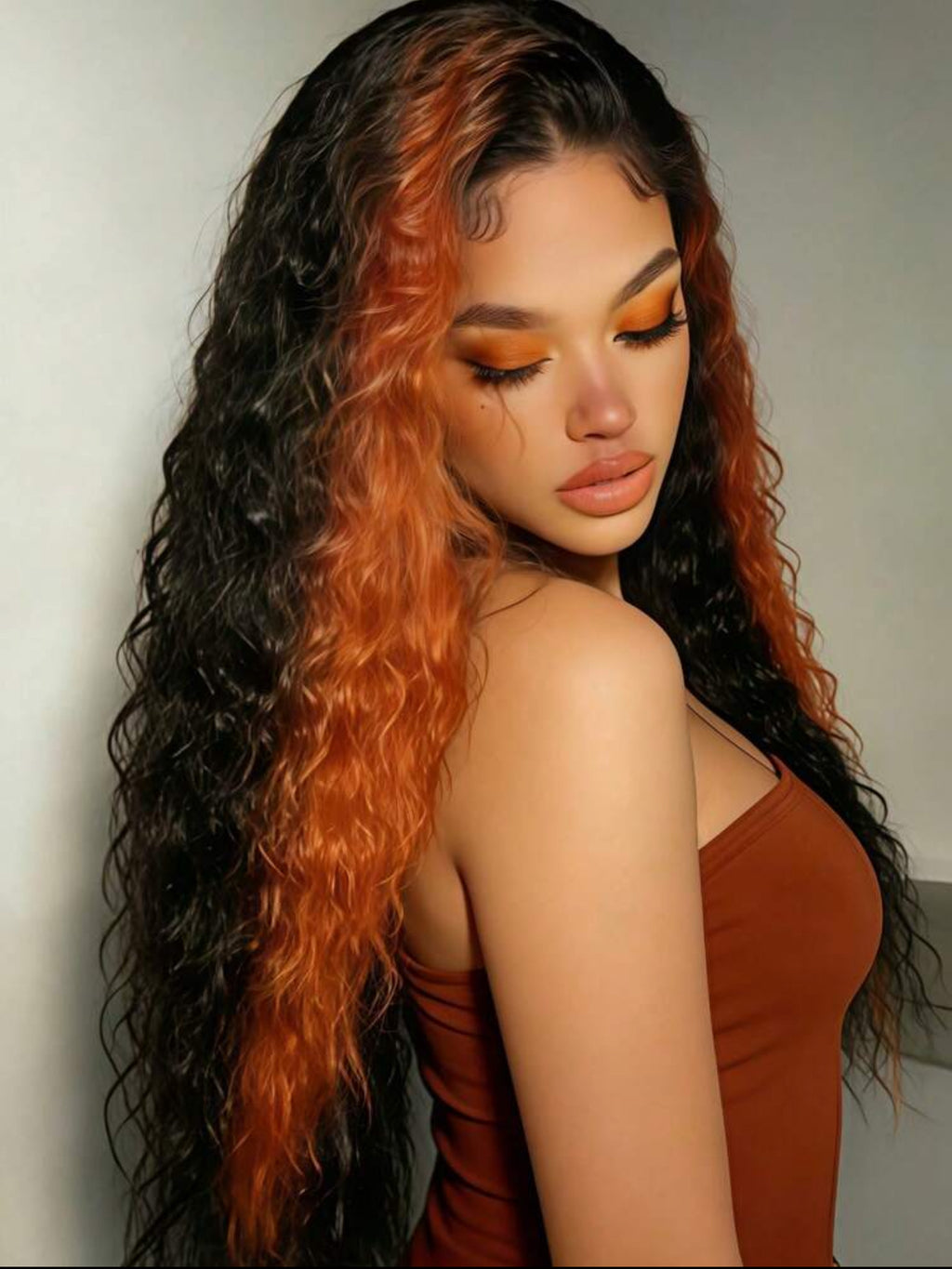 44 inches Highlight Ginger and Black Human Hair Curly Wave 200% Density HD Lace