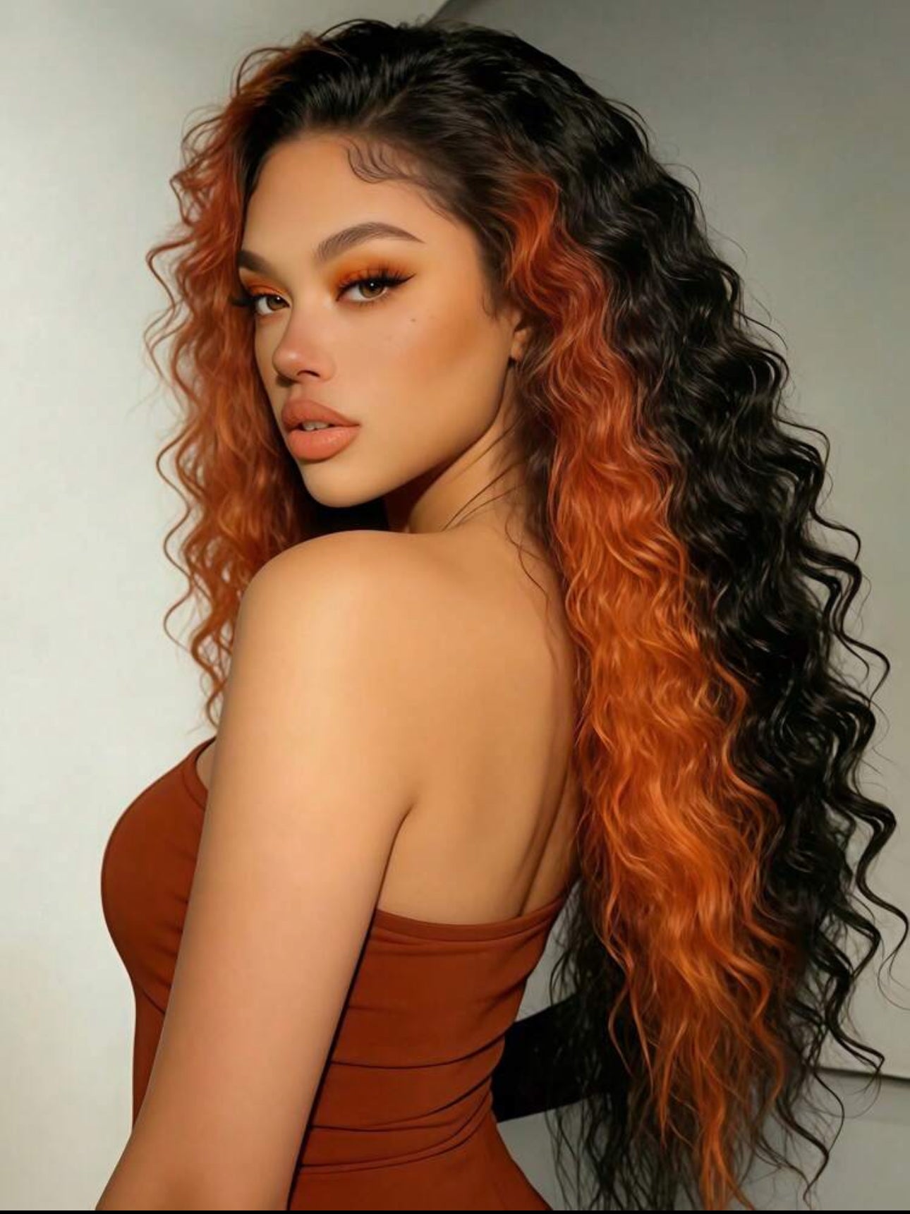 44 inches Highlight Ginger and Black Human Hair Curly Wave 200% Density HD Lace