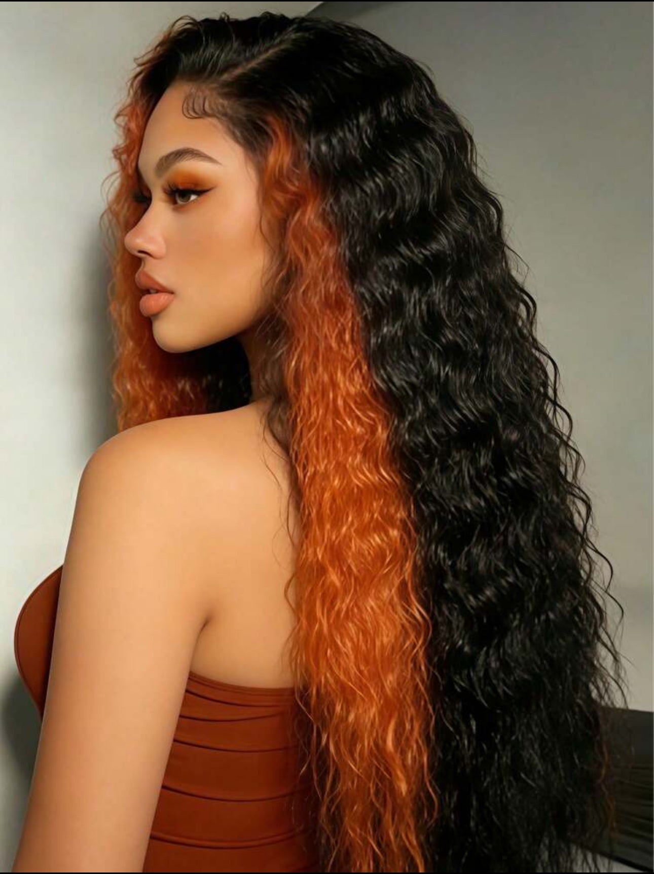 44 inches Highlight Ginger and Black Human Hair Curly Wave 200% Density HD Lace